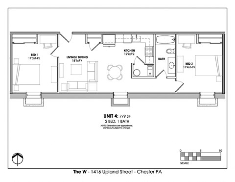 Floor plan for 2 beds, 1 bath, 779 sqft